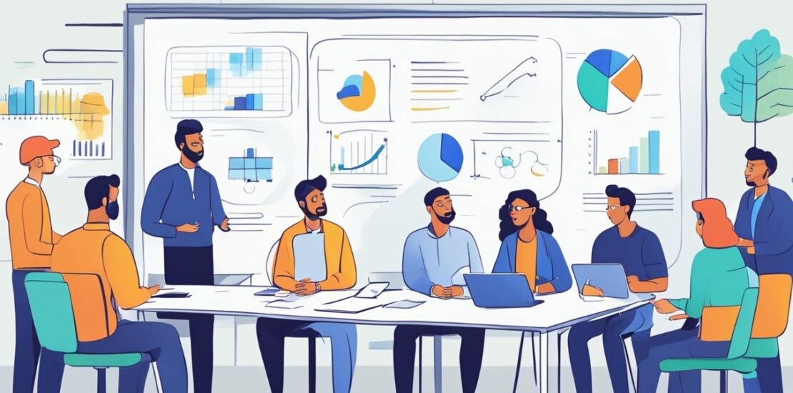 A group of CTOs and engineers gathered around a whiteboard, discussing and brainstorming ideas for monetizing their latest innovation