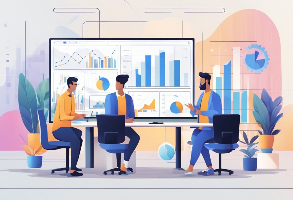 A tech team discusses monetization strategies in a modern office setting, with charts and graphs displayed on a large screen