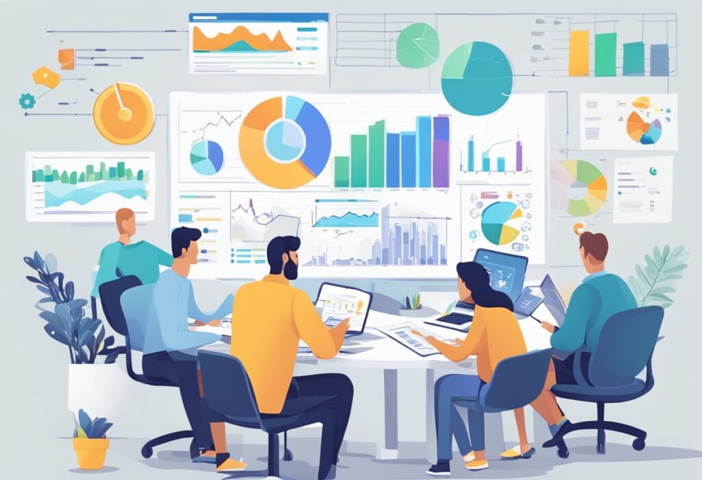 A team of engineers brainstorming ideas for a new product, surrounded by charts and graphs showing potential monetization strategies