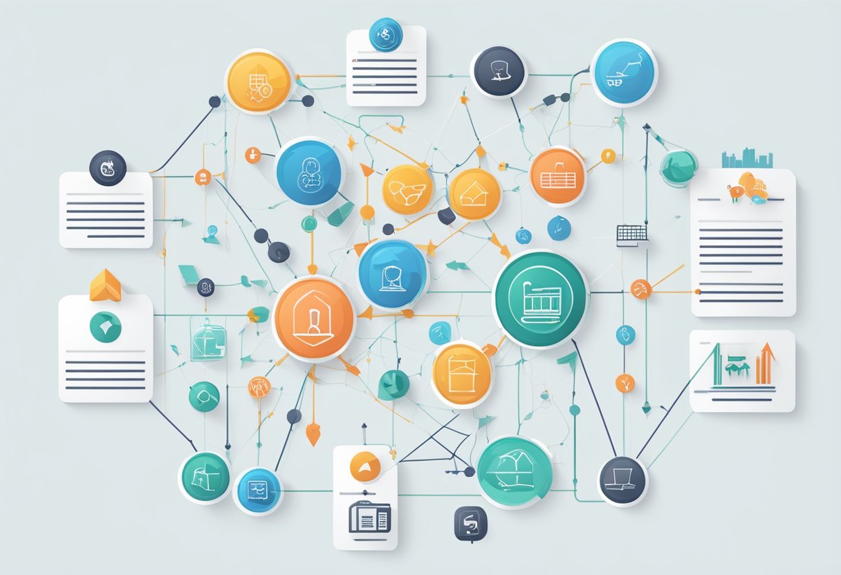 A framework diagram with interconnected elements, arrows, and key components, surrounded by market-related symbols and icons