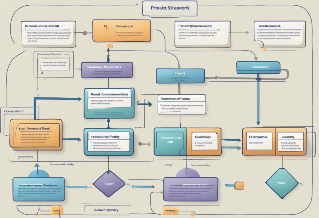 A flowchart with interconnected boxes, arrows, and key words representing the steps and components of the product strategy go-to-market framework