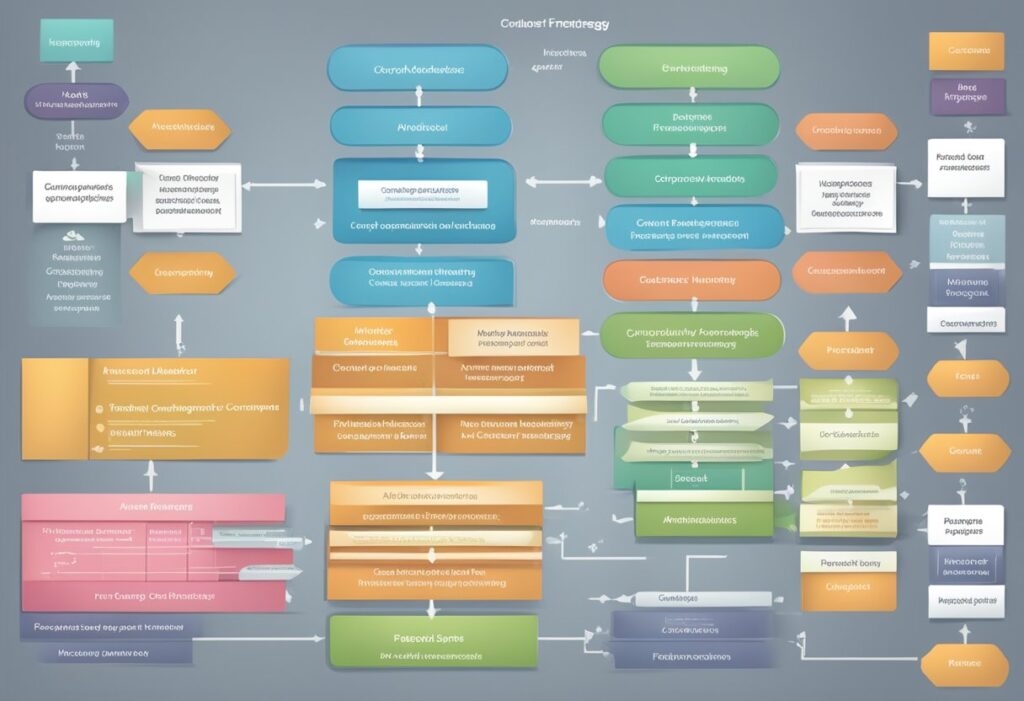 A flowchart showing market analysis, target audience, competitive landscape, and marketing tactics for a go-to-market strategy framework