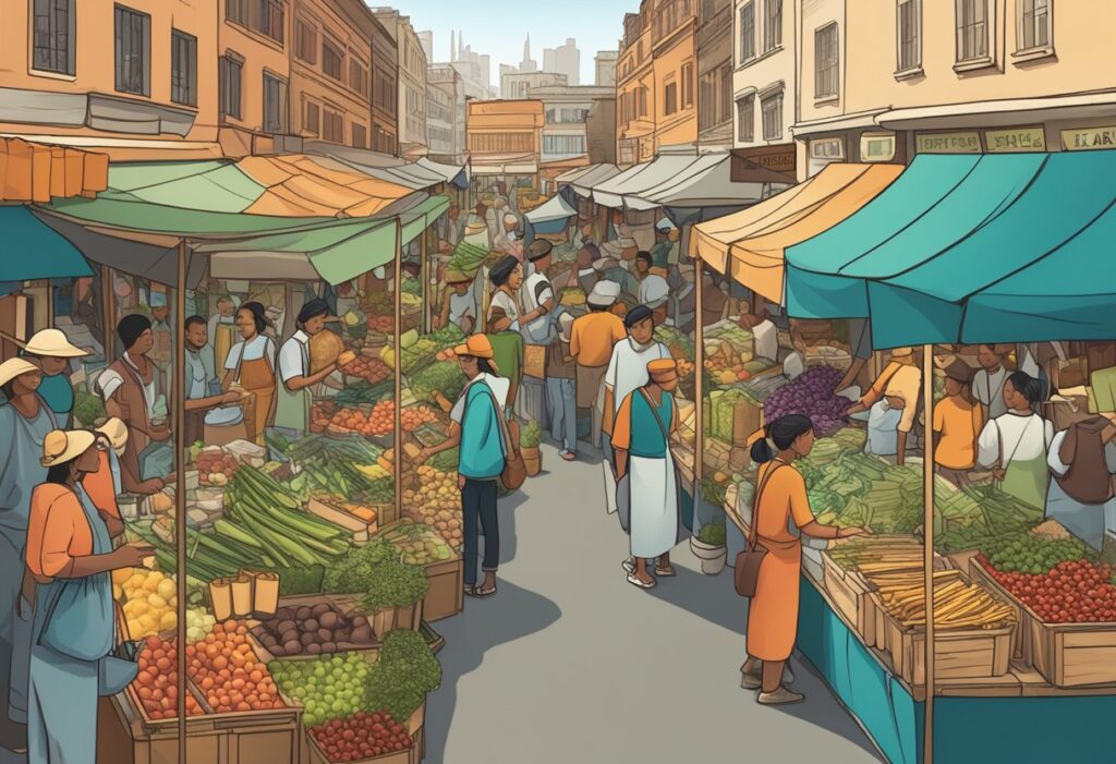 A bustling market with various vendors and customers interacting, showcasing products and exchanging goods