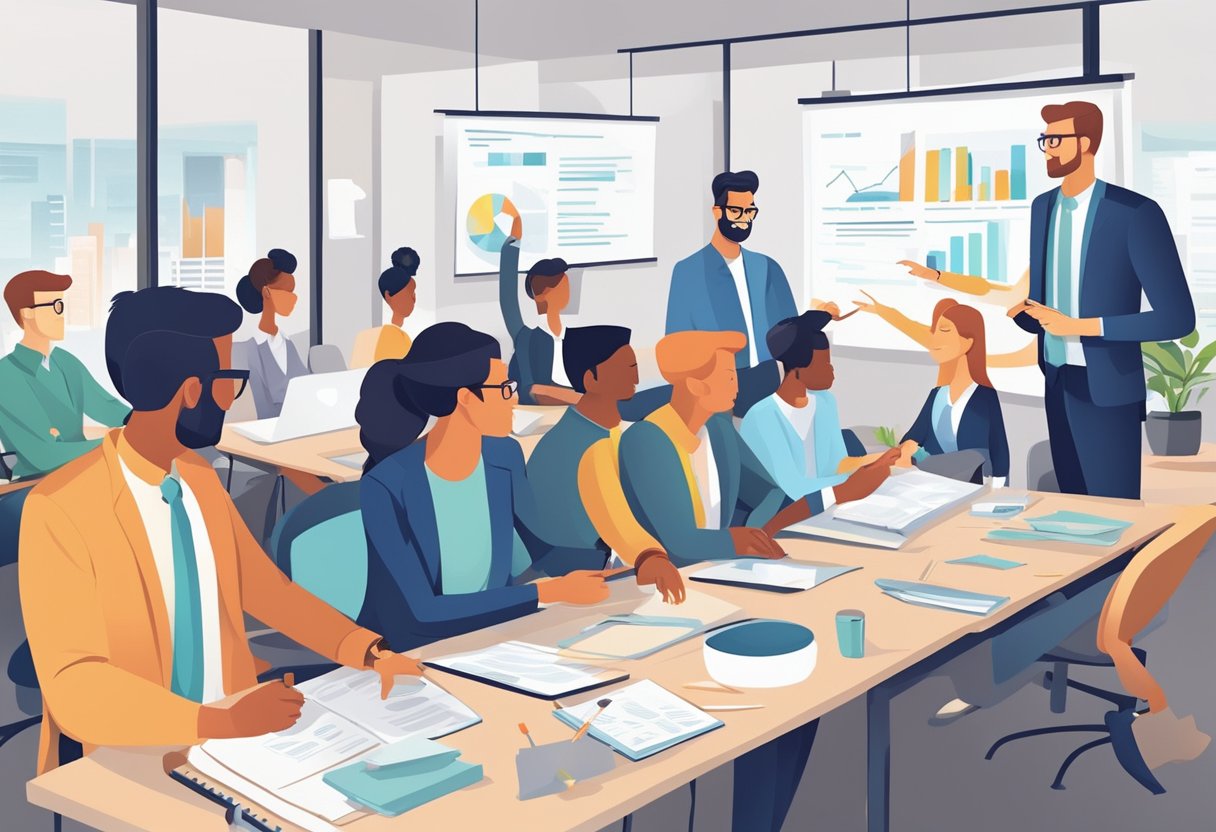 A marketing and sales team collaborates on a go-to-market strategy, discussing key points and answering frequently asked questions