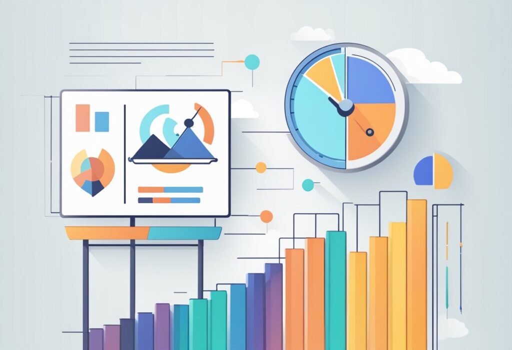 A scale with upward arrow, bar graph, and FAQ icon symbolize metrics and performance measurement of go-to-market strategy